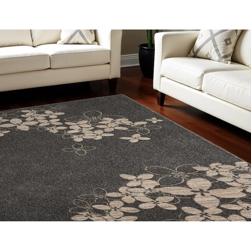 Hifo Power Loomed Floral Traditional Non Skid Stain Resistant Area Rug By HomeRoots - 153' X '111' X '0.5 - 153' X '111' X '0.5 - Charcoal - Rectangle