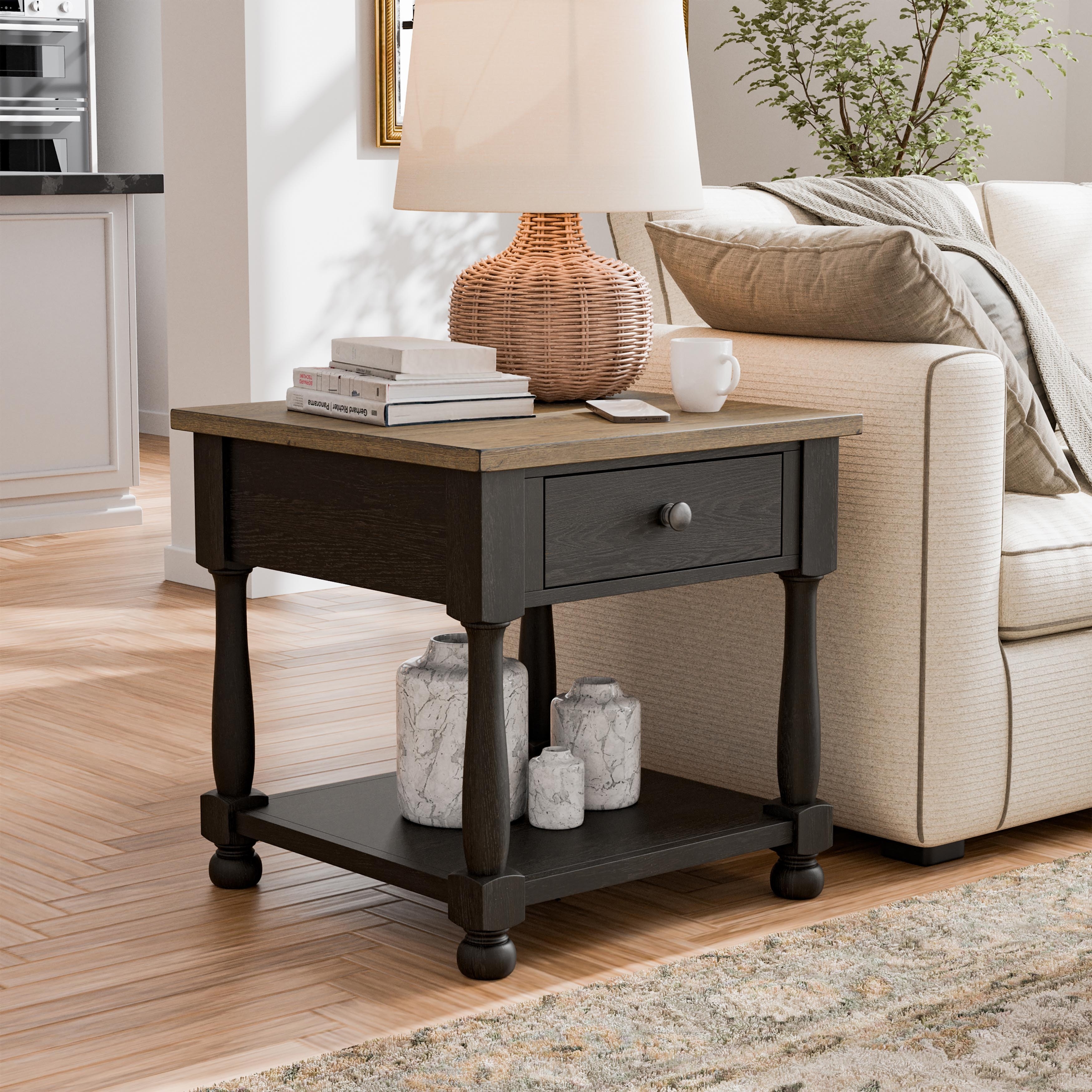 Furniture of America Lucan Modern Farmhouse Weathered Black and Brown Wood 1-Drawer Square End Table with Open Shelf
