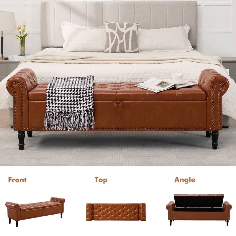 67" Velvet or PU Tufted Storage Bench for Bedroom End of Bed with Roll Arms