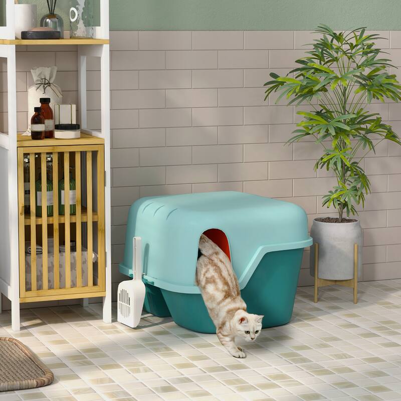 PawHut Cat Litter Box, Covered Litter Box with Lid, Scoop, Easy to Clean & Lockable Openable Cover, Kitty Litter Box