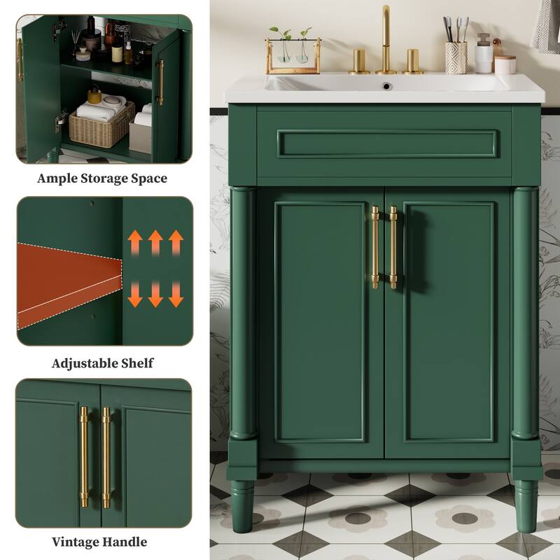 24" Bathroom Vanity with Ceramic Sink - Compact Storage Cabinet, 2 Doors, Space-Saving Design for Small Bathrooms