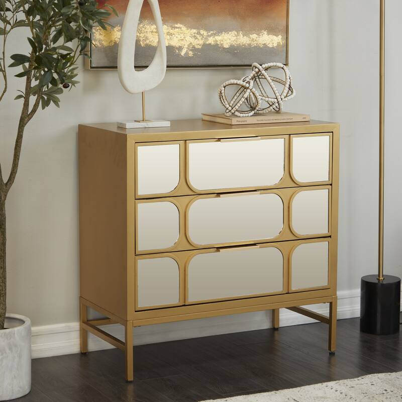 Gold Wooden 3 Door Room Cabinet or 3 Drawer Chest with Mirrored Front - Gold - 32"W, 32"H