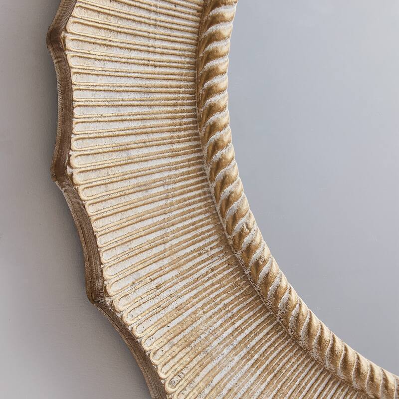 30" Bohemian Beige Round Wooden Decorative Bathroom Vanity Wall Mirror