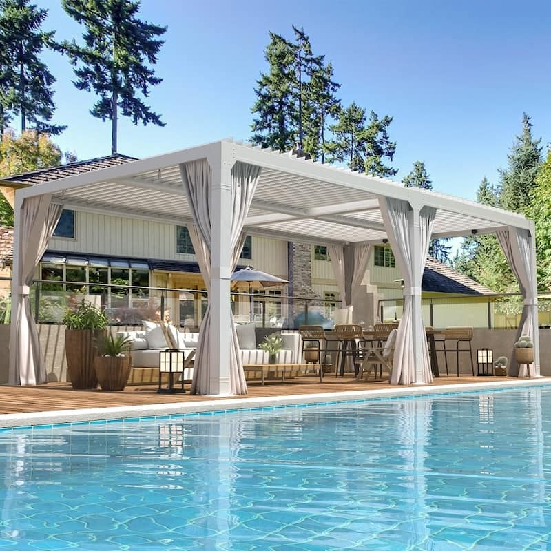 Outdoor Louvered Pergola, Outdoor Patio Hardtop Gazebo, Adjustable Metal Roof Curtains and Netting Included - 10' x 20' - White