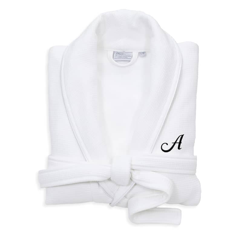Authentic Hotel and Spa White Unisex Turkish Cotton Waffle Weave Terry Bath Robe with Black Script Monogram - S/M - A