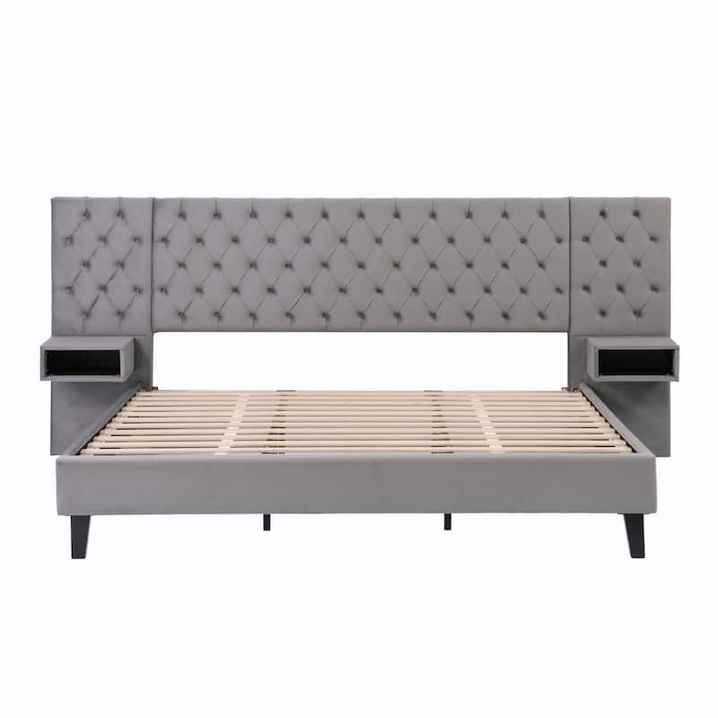 King Size Velvet Upholstered Platform Bed with Diamond Tufted Headboard and 2 Built-In Nightstands