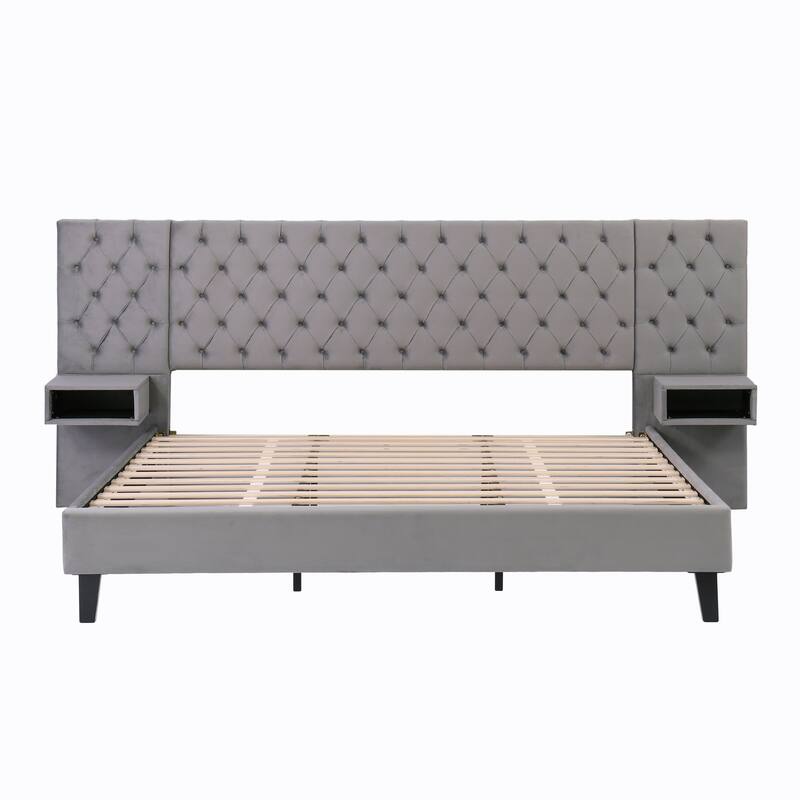 Modern Velvet Upholstered Platform Bed with 2 Nightstands Storage Bed, Diamond Tufted Wingback Bed, Low Profile Panel Bed