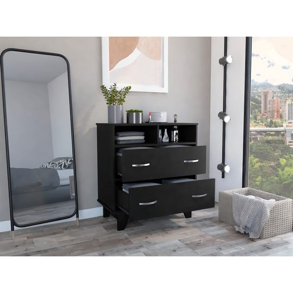 black two drawer dresser Portanova Dresser, Two Open Shelves, Superior Top, Four Legs - - Bed Bath & Beyond The black coloration of