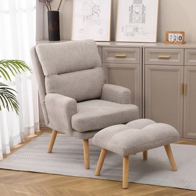 Mid Century Modern Accent Chair with Ottoman Set,Wood Legs and Adjustable Backrest