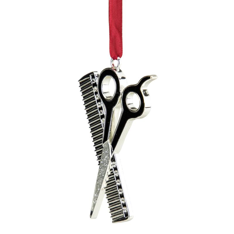 3" Silver-Plated Scissors and Comb Christmas Ornament