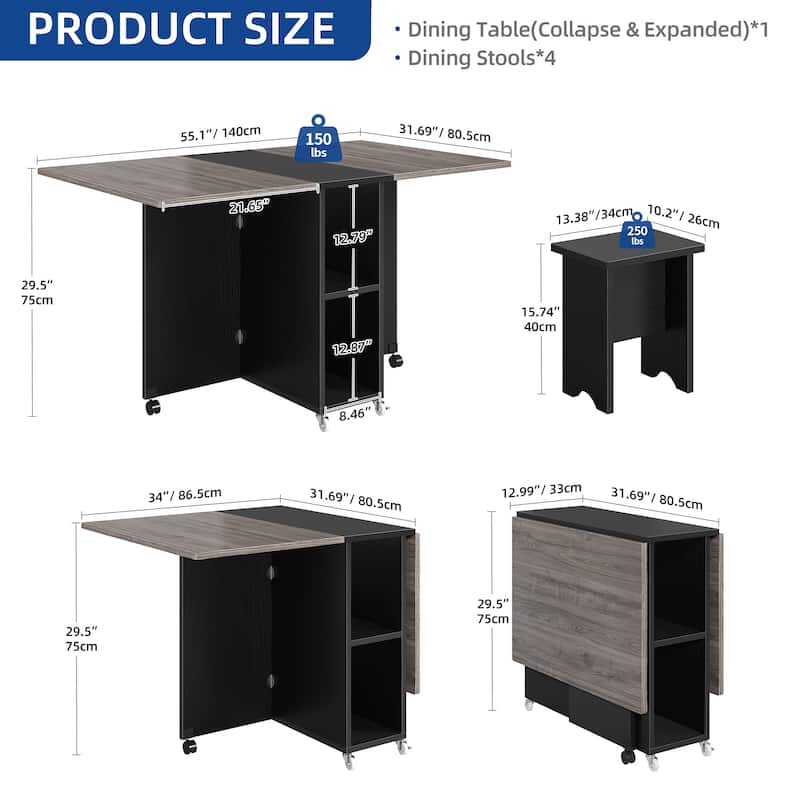 Moasis 5 Pieces 7 Pieces Folding Dining Set with Drop Leaf Table and Storage Stools for up to 6 People