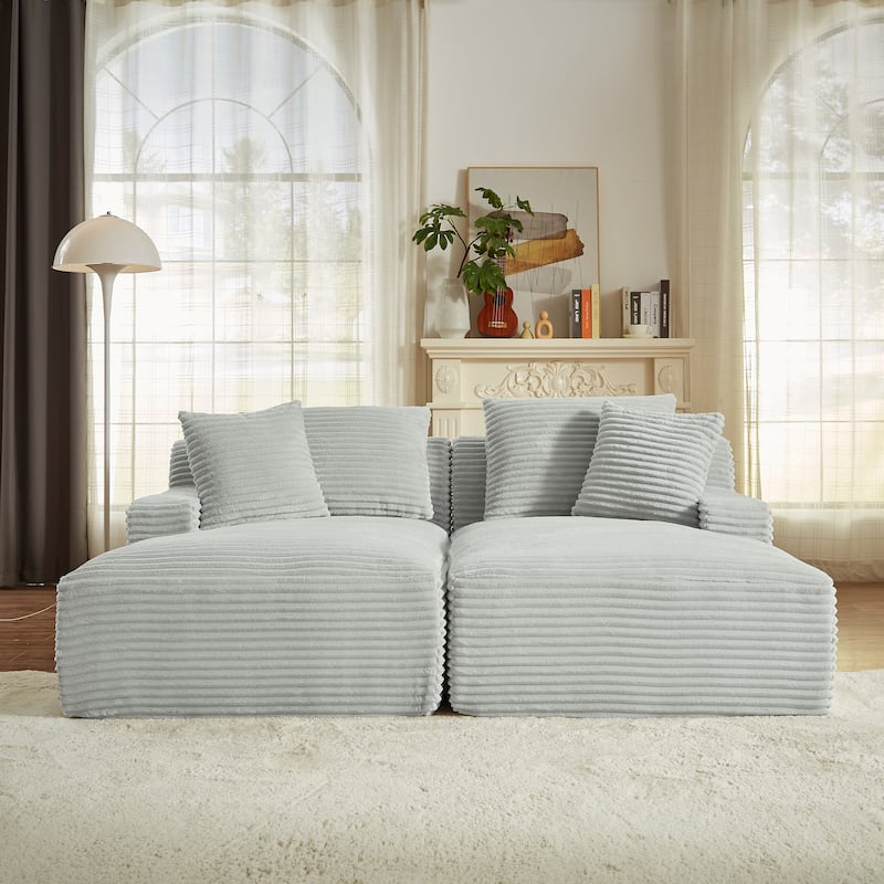 Modern Sleeper Loveseat Sectional Sofa Corduroy Double Chaise Lounge - Light Grey