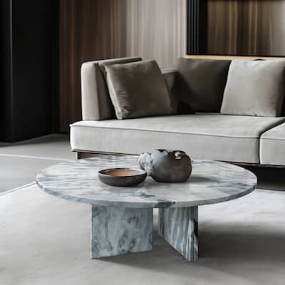 Modern Coffee Table Blue Gray Marble Coffee Table Small Round Natural Stone Table, for Living Room and Lounge
