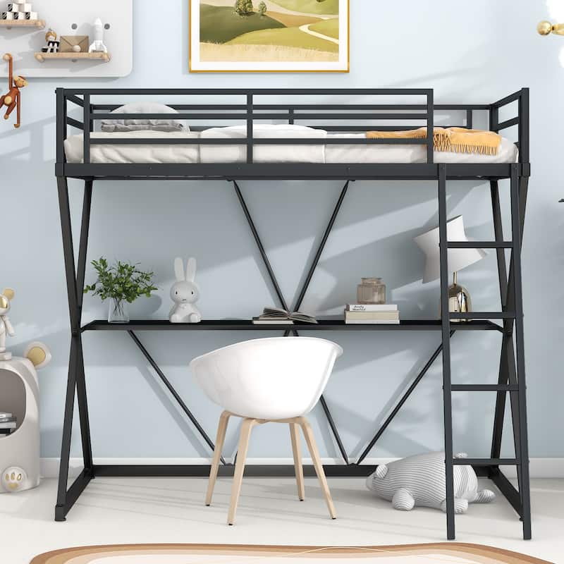 Industrial Style Twin Size Loft Bed with Desk, Ladder and Full-Length Guardrails Top Bunk, X-Shaped Metal Frame Support