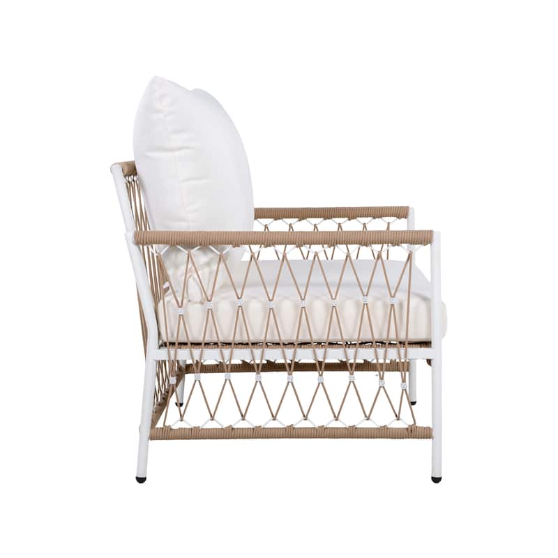 [Set of 2] Bohemian Outdoor Lounge Chair with Handwoven Rope & Powder-Coated Steel Frame, Waterproof Cushions