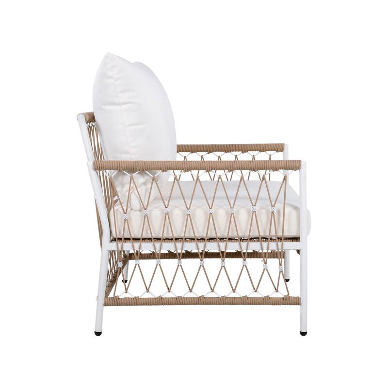 Set of 2 Bohemian Outdoor Lounge Chairs with Waterproof Cushions Handwoven Accent Armchair with Steel Frame for Patio, Poolside