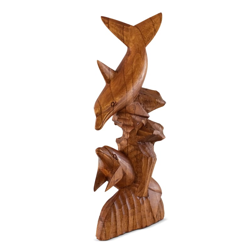 Wooden Hand Carved 2 Dolphins on Coral Statue Sculpture Wood Decorative Decor Figurine Handcrafted Handmade Seaside Tropical