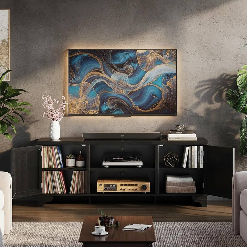 Boho TV Stand, with 2 Cabinets & Open Shelf - Black