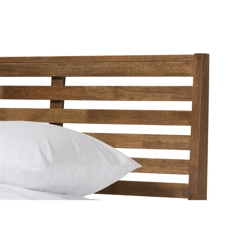 Modern Queen Size Platform Bed - Solid Wood Slatted Design, Low Profile, Walnut Finish, Bedroom Furniture