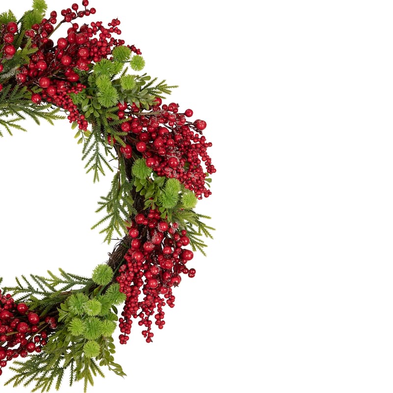 Red Berry and Frosted Pine Christmas Wreath 28-Inch Unlit - 28"