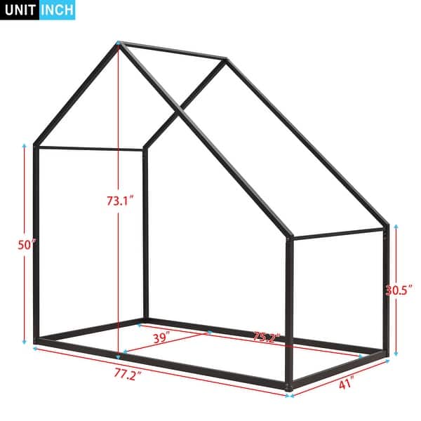 dimension image slide 1 of 3, Twin Size Floor Bed Metal House Bed with Open Frame and Roof for Kids