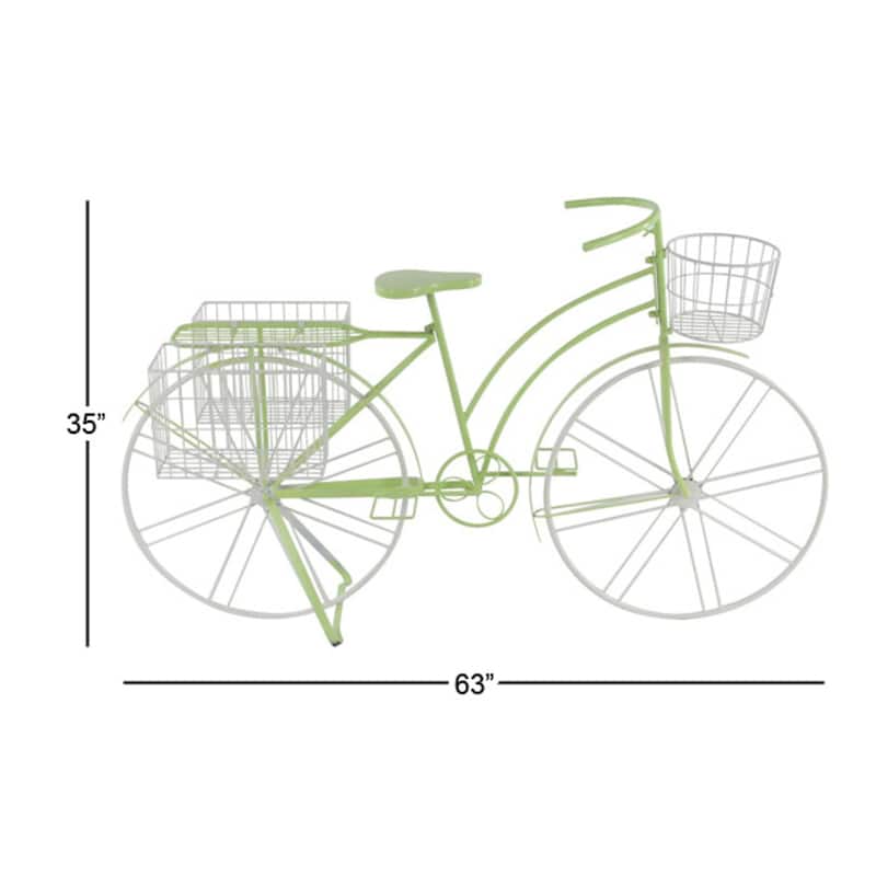 Metal Bike Indoor Outdoor Plantstand with Basket and Saddle Bag Planters - Green - Roche River Decor - 22"W x 63"L x 35"H