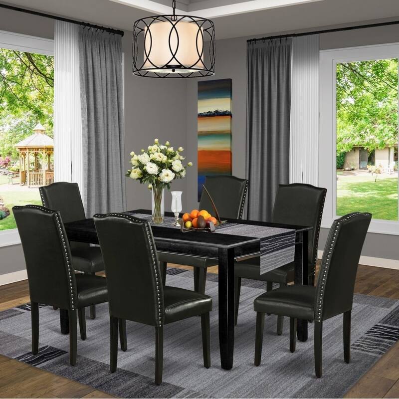 HomeStock 7-Piece Rectangle Black Finish Solid Wood Top Dining Table with 6 Parson Chairs