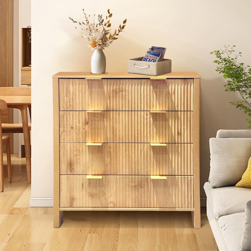 4 Drawer Fluted Dresser for Bedroom, Modern Wood Chest with Gold Handles, Narrow Storage Cabinet or TV Stand