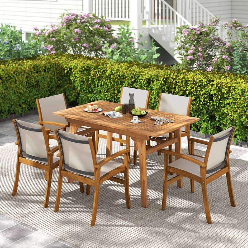 Gymax 9PCS Acacia Wood Outdoor Dining Set w/ 1.97'' Umbrella Hole for