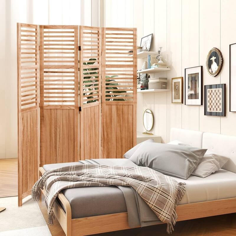 4/6 - Panel Solid Wood Folding Room Divider, Natural - Natural-4Panel