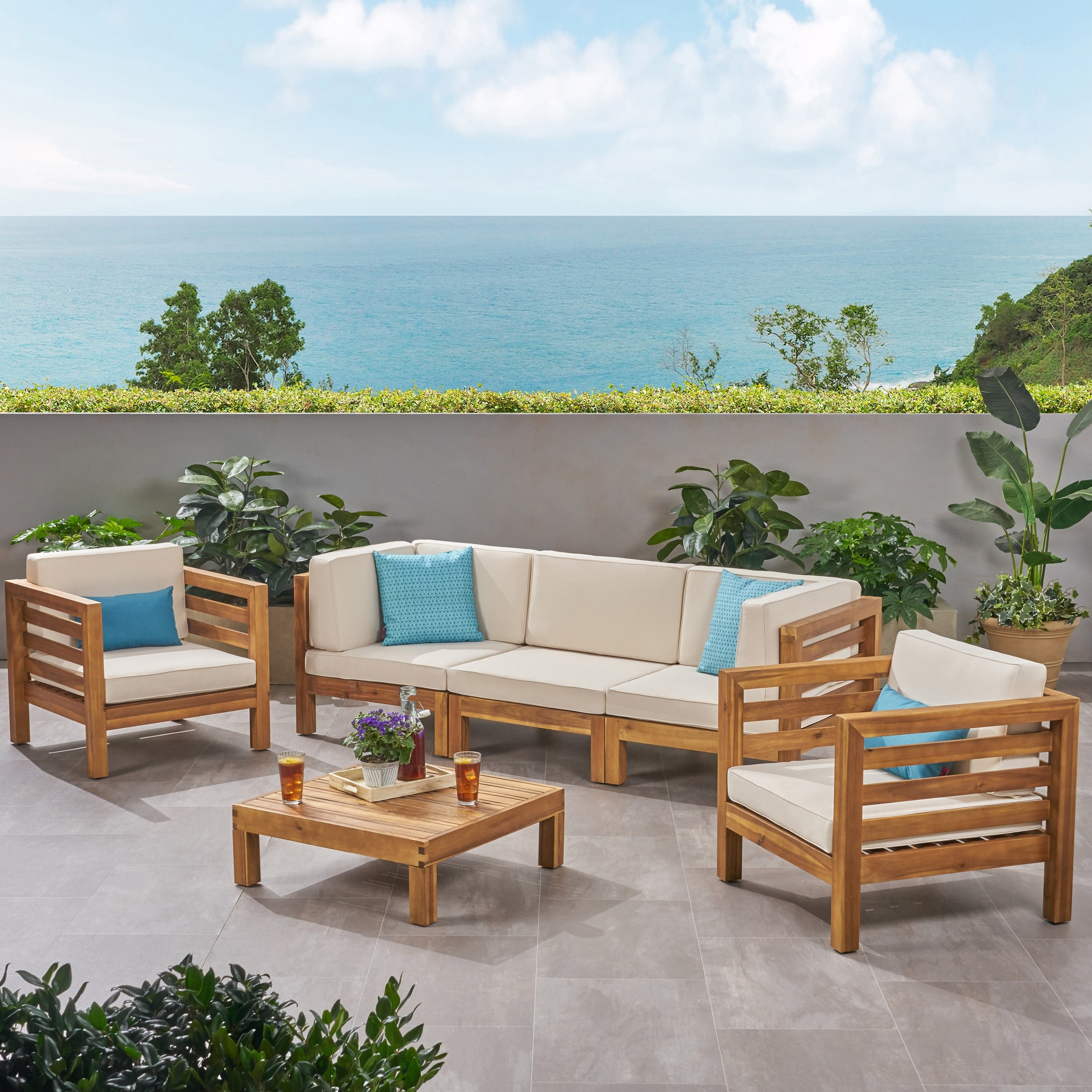 Oana Outdoor 5-seat Acacia Sofa and Club Chair Chat Set by Christopher Knight Home