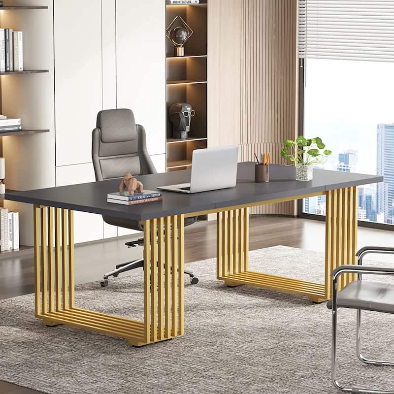 70.9" Modern Office Desk Wood Computer Desk, White Gold Executive Desk