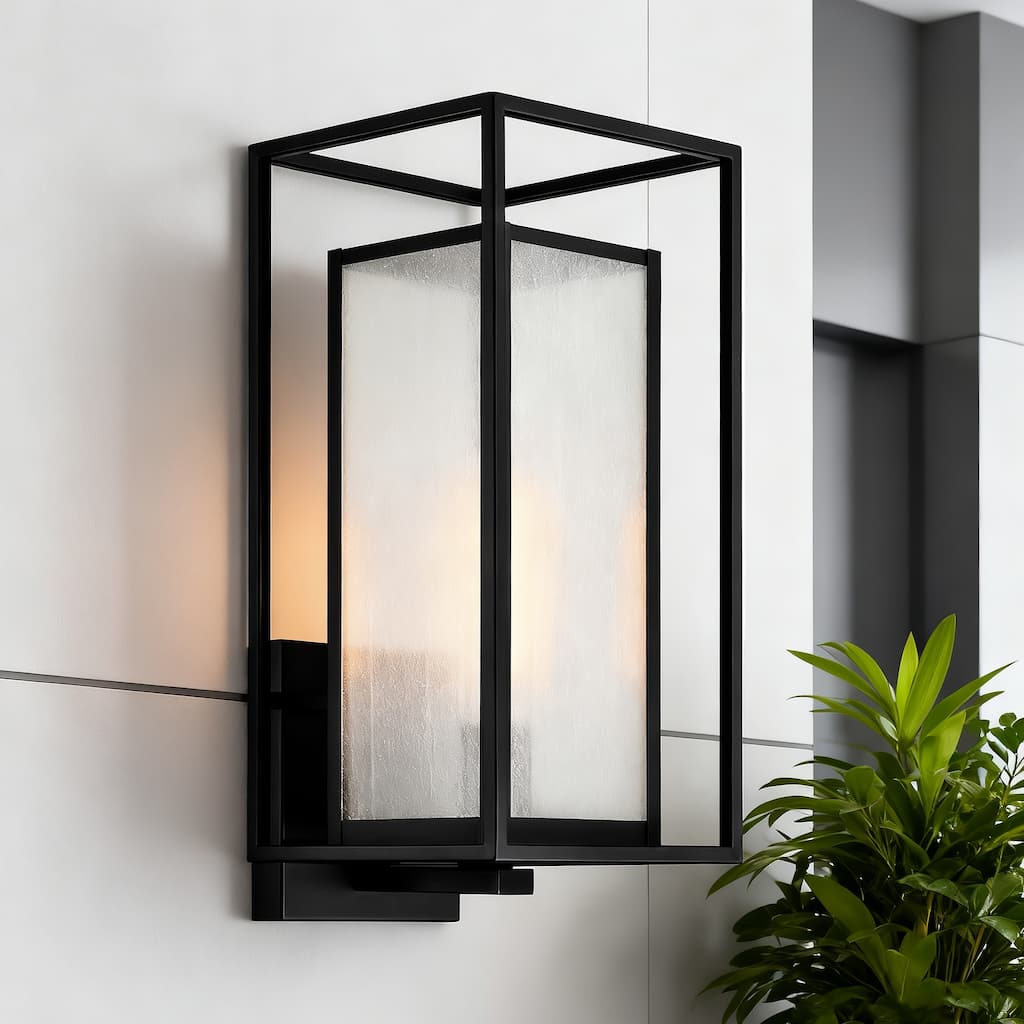 1-Light Matte Black Finish Outdoor Wall Sconce with Seedy Glass Shade