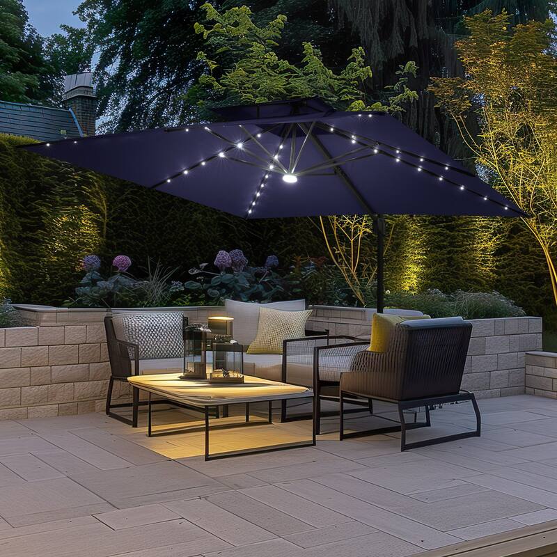 11 FT Outdoor Solar Powered LED Patio Cantilever Umbrella Double Top Square Umbrella
