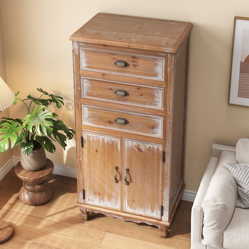 Rustic Wooden Storage Cabinet with Decorative Cutout Door & 3 Drawers, Tall Narrow Organizer for Living Room, Bedroom