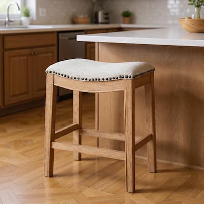 HomeRoots 26" Beige and Natural Fabric and Solid Wood Backless Counter Height Bar Chair