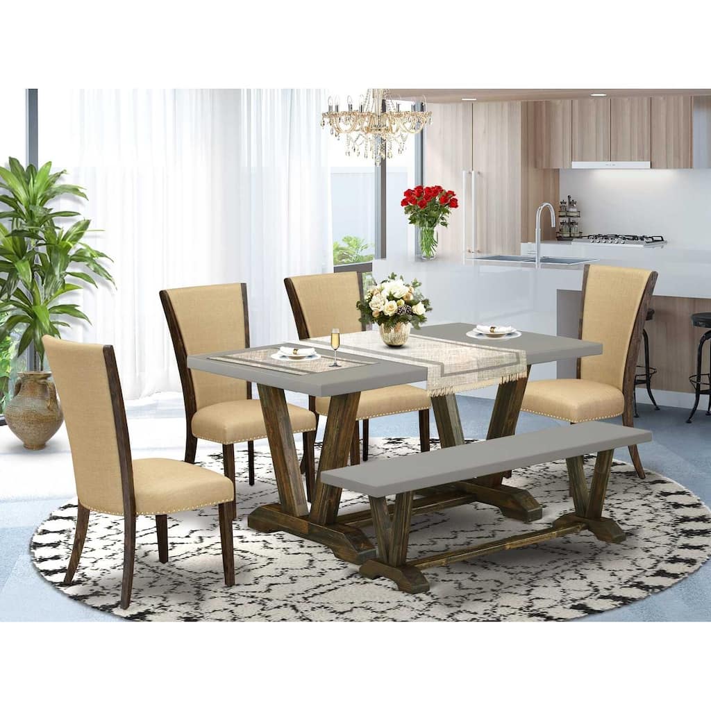 HomeStock 6-Piece Rectangle Distressed Jacobean Finish Solid Wood Top Dining Table with 1-Bench, 4-Chairs