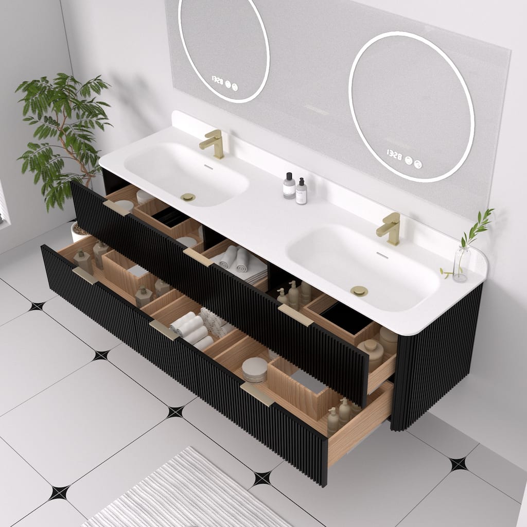 72" Floating Bathroom Vanity with Integrated countertop Rectangular Sink Solid Wood