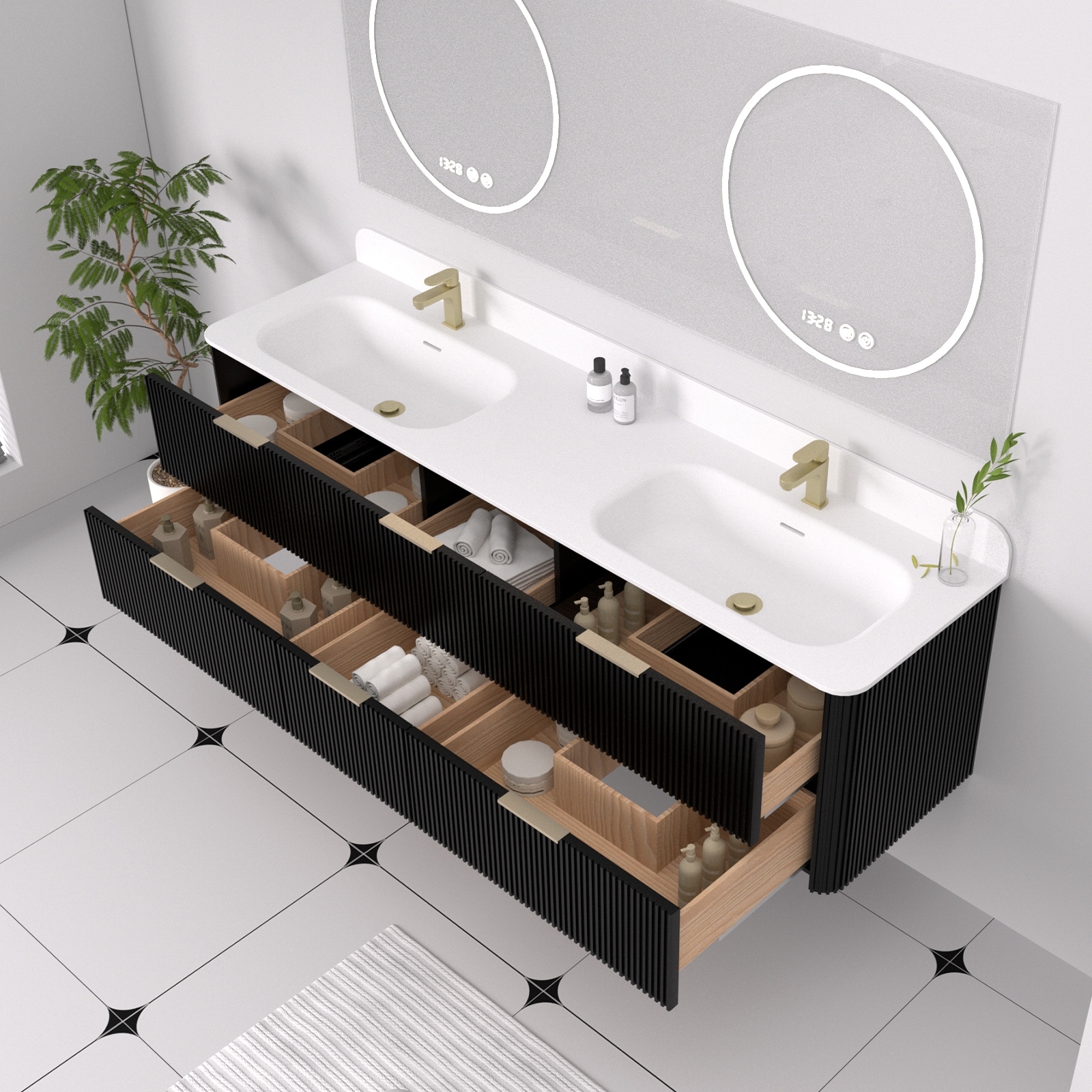 72" Floating Bathroom Vanity with Integrated countertop Rectangular Sink Solid Wood