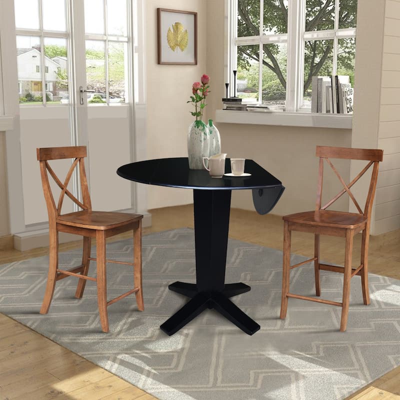 42 in Round Drop Leaf Counter Height Dining Table with Stools in Black/Distressed Oak