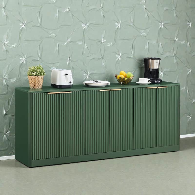 67 Inch Modern Wavy Sideboard Cabinet, 6 Door Curved Storage Console with Wood Grain Top for Living Room - Green
