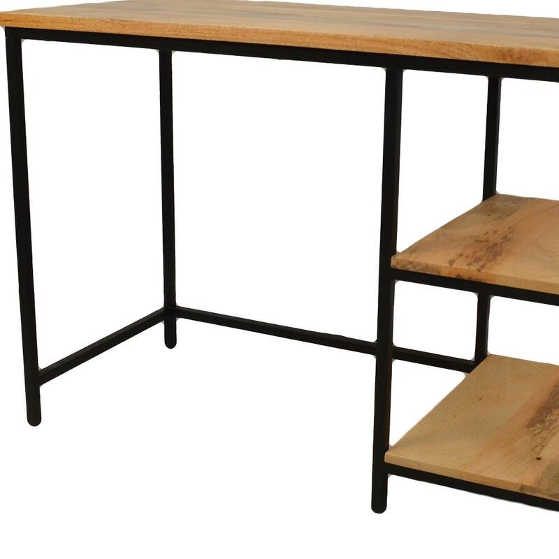 HomeRoots 42" Natural and Black Solid Wood and Metal Computer Desk