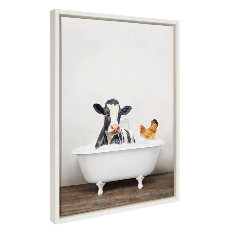 Kate and Laurel Cow Chicken in Bath Framed Canvas by Amy Peterson - White - 18x24