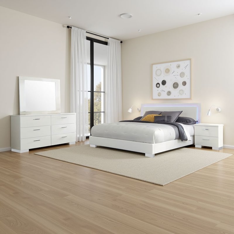 Sok 4pc King Bedroom Set, Faux Leather Upholstery, High Gloss White
