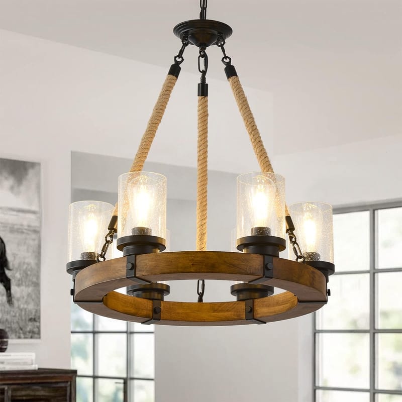 Farmhouse Wagon Wheel Chandelier,6 Light Round Wagon Wheel Chandelier - 25” in diameter x 27”