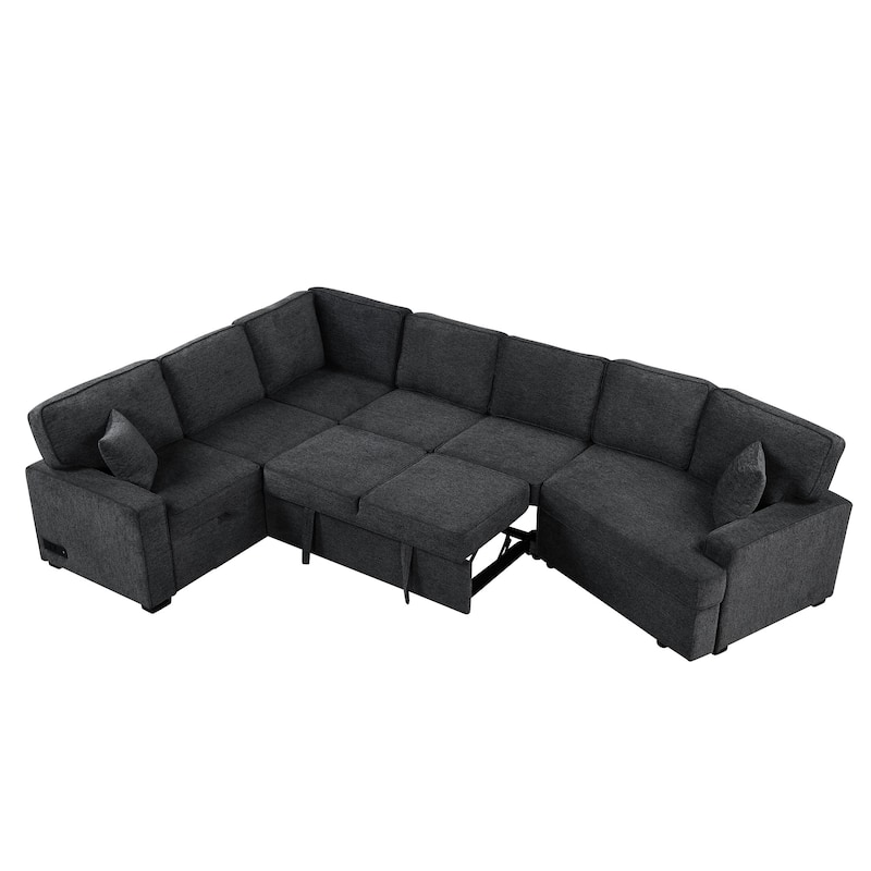 Modern 126" L-Shaped Sofa with Sleeper Bed, Cup Holders, and Power Outlets