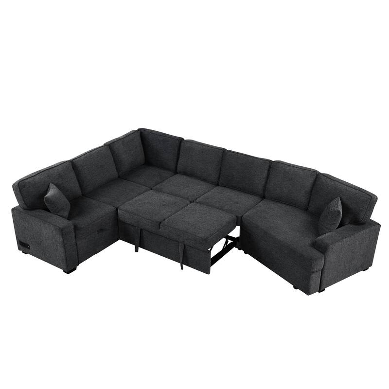 Roomfitters L-Shaped Sectional Sofa with Pull-Out Bed, Integrated Charging Devices, and Convenient Cup Holders