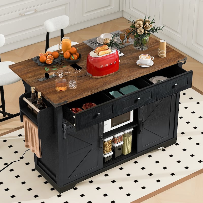 53.7" Farmhouse Kitchen Island with Power Outlet,2 Sliding Barn Door Kitchen Storage Island with Drop Leaf