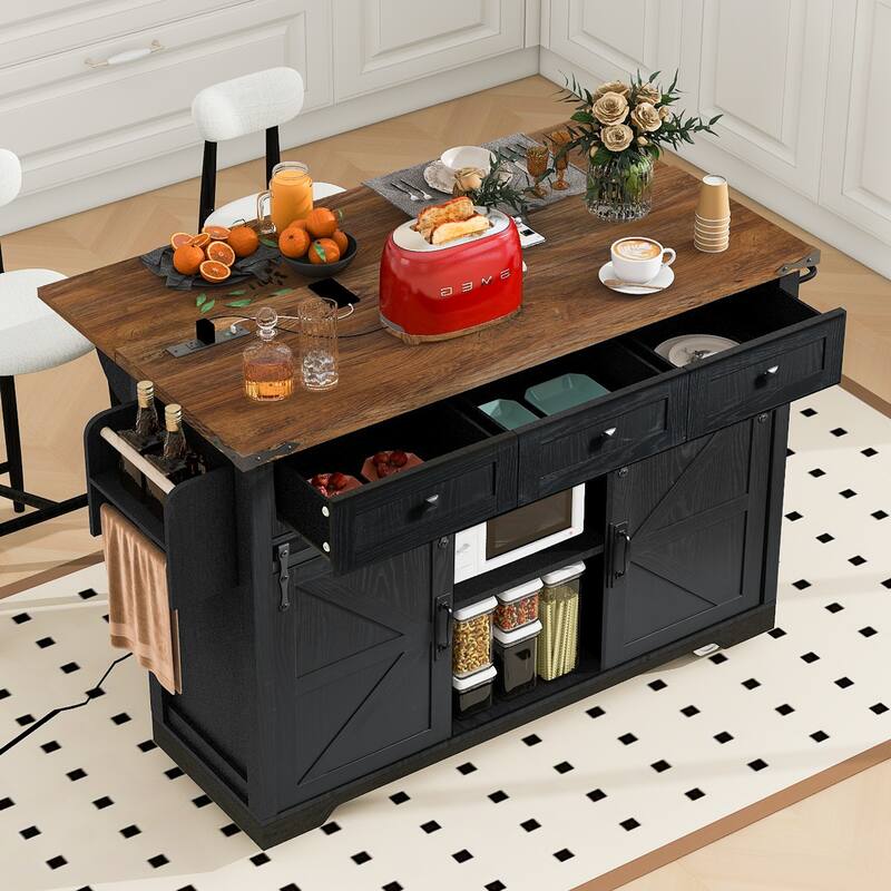 Farmhouse Kitchen Island with Power Outlet and 2 Sliding Barn Door, Rolling Kitchen Cart on Wheels with Drop Leaf and Spice Rack