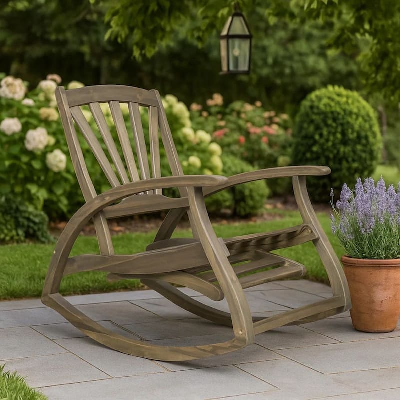 Rizz Outdoor Reclining Rocking Chair, Retractable Footrest, Brown Wood